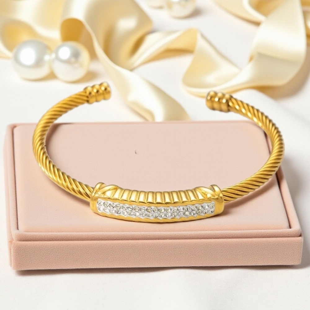 18k Gold Plated Twisted Cable Zircon Crystal Stacker Cuff Bangle Bracelet